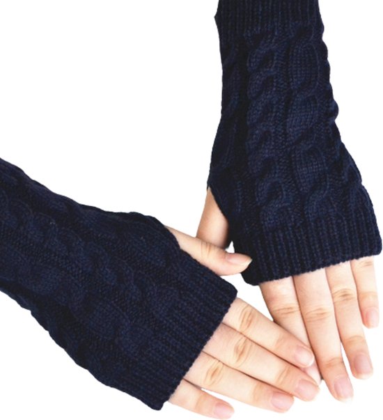 Polswarmers donkerblauw - Gebreide vingerloze handschoenen - Dames Handwarmers Acryl