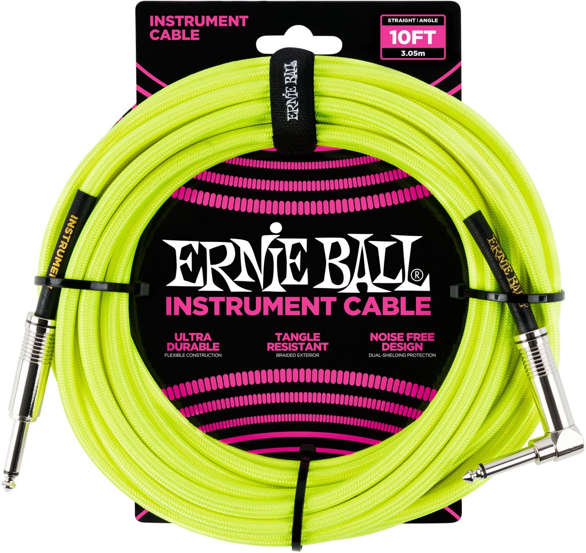Ernie Ball Braided - Instrumentkabel - Jack Recht/Haaks - 3 Meter - Neon Geel/Zwart - Dubbelgeleider - Gevlochten Mantel