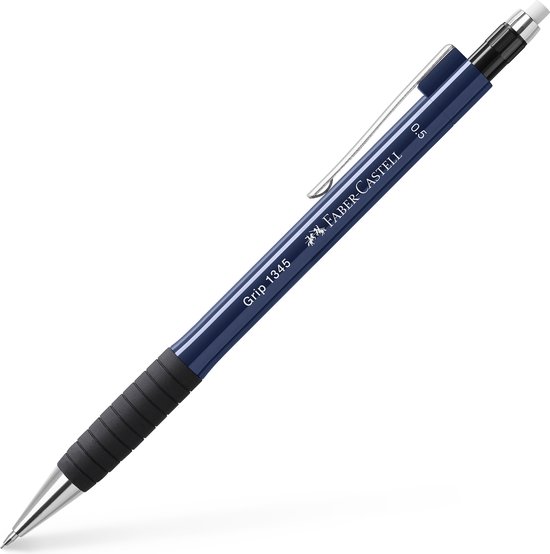 Blauw Faber-Castell Grip 1345 vulpotlood met zilveren clip en zwarte grip.