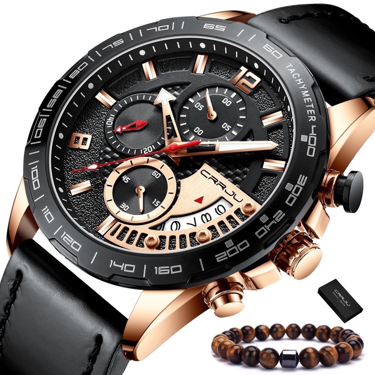 CRRJU - Horloge Heren - Cadeau voor Man - Incl. Armband - 47 mm - Zwart Rosé
