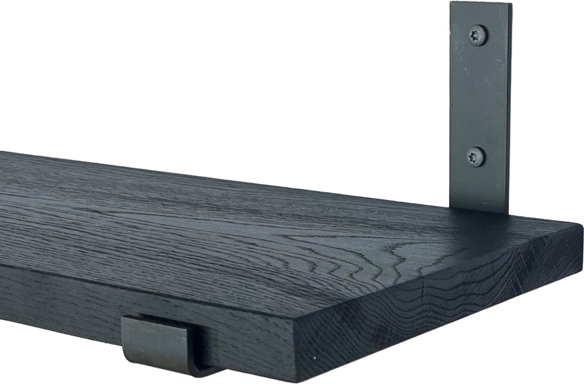 GoudmetHout Wandplank Industrieel - 160 x 25 cm Muurplank - Zwart Eiken Hout - Decoratie Wandrek & Boekenrek - Hangplank Keuken - Wall Shelf + 2 Mat Blanke Plankdragers van Staal Zwart - Mat blank - 25 cm