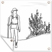 Tuindoek Een illustratie van een jonge vrouw aan het hiken - 100x100 cm