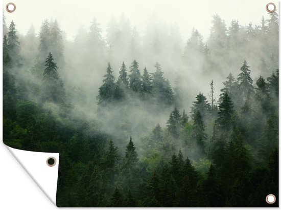 Tuinposter - Tuindoek - Tuinposters buiten - Bos - Mist - Bomen - Natuur - 120x90 cm - Tuin