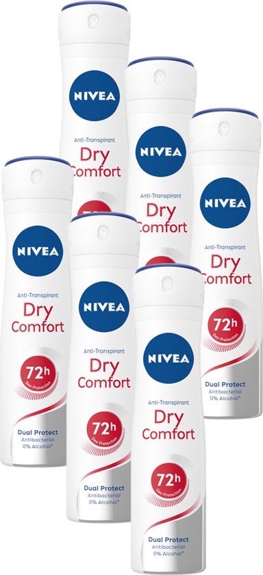 NIVEA Dry Comfort Deodorant Spray - Droog gevoel - 72 uur bescherming - Met mineralen en DryPlus-systeem - Alcoholvrij - 6 x 150 ml - NIVEA