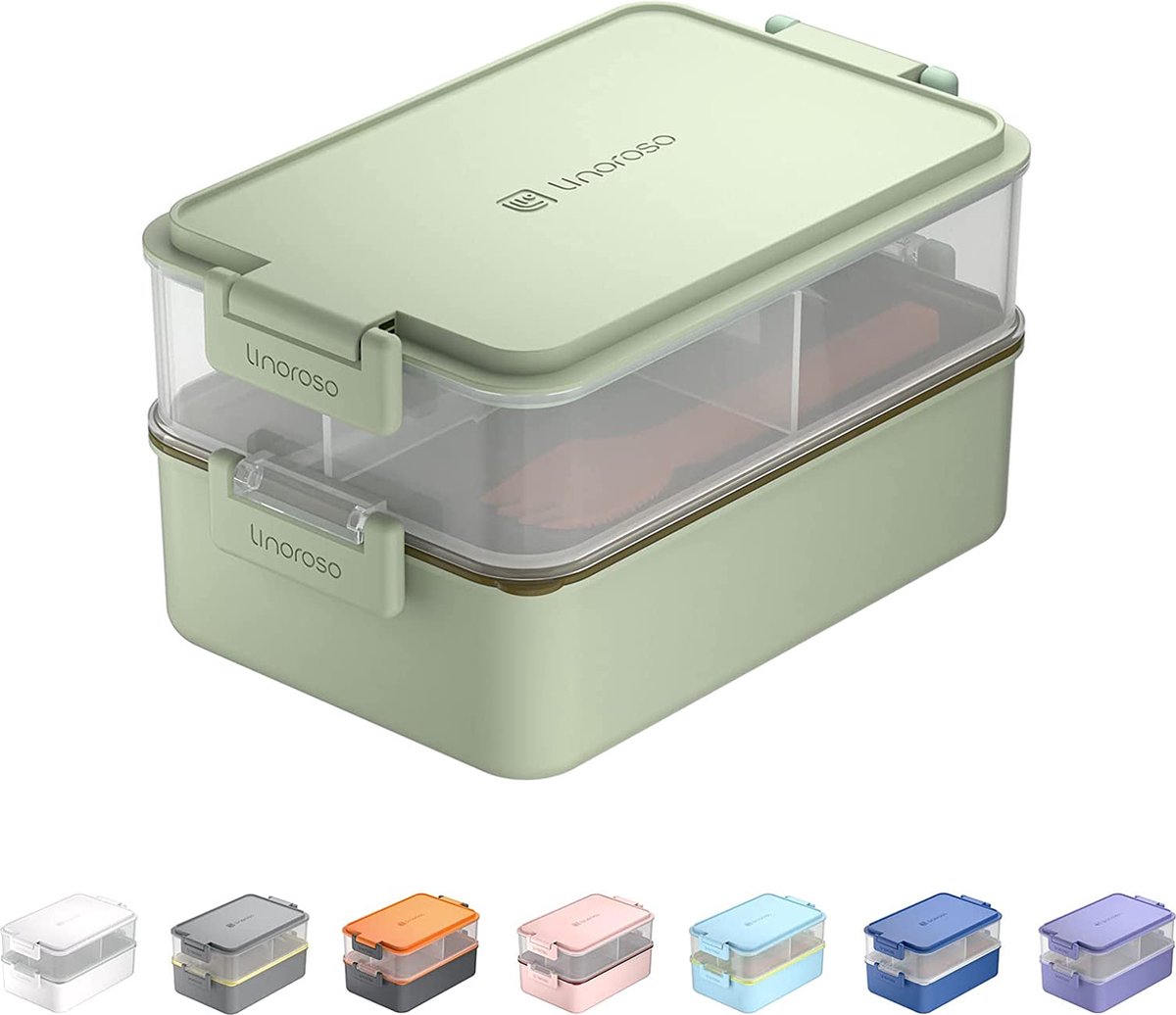 linoroso Stapelbare Bento Box Lunchbox voor volwassenen, Voldoet aan alles wat je onderweg nodig hebt voor eten, salade en snackbox, Premium Bento Lunchbox voor kinderen inclusief gebruiksvoorwerpenset Mint