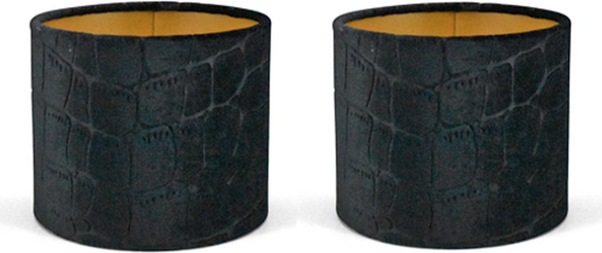 Lampenkap Cilinder - 15x15x12cm - Croco zwart - gouden binnenkant - set van 2 stuks