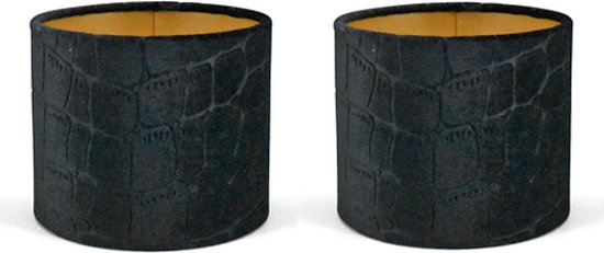 Lampenkap Cilinder - 15x15x12cm - Croco zwart - gouden binnenkant - set van 2 stuks