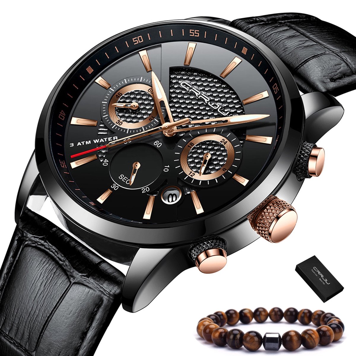 CRRJU Horloge Heren Horloges voor Mannen Watch Herenhorloge - Incl. Armband & Horlogebox Geschenkdoos - Zwart Rosé