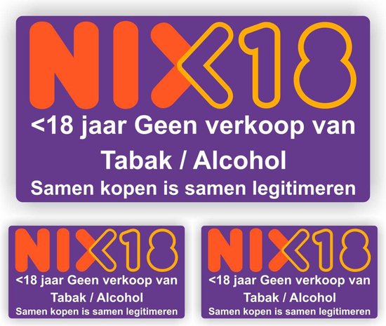NIX 18 geen verkoop van alcohol en tabak sticker set 3 stuks.