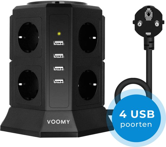 Voomy Multi Stekkerdoos met Schakelaar - 4 USB Laders - 8 Stopcontacten |  bol.com