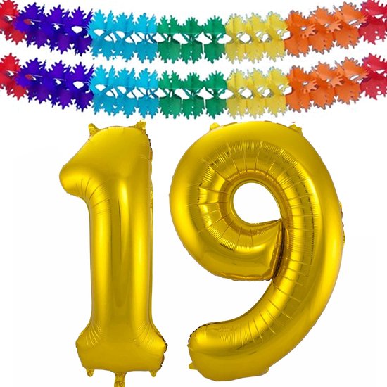 Folie ballonnen - Leeftijd cijfer 19 - goud - 86 cm - en 2x slingers