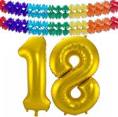 Folie ballonnen - Leeftijd cijfer 18 - goud - 86 cm - en 2x slingers