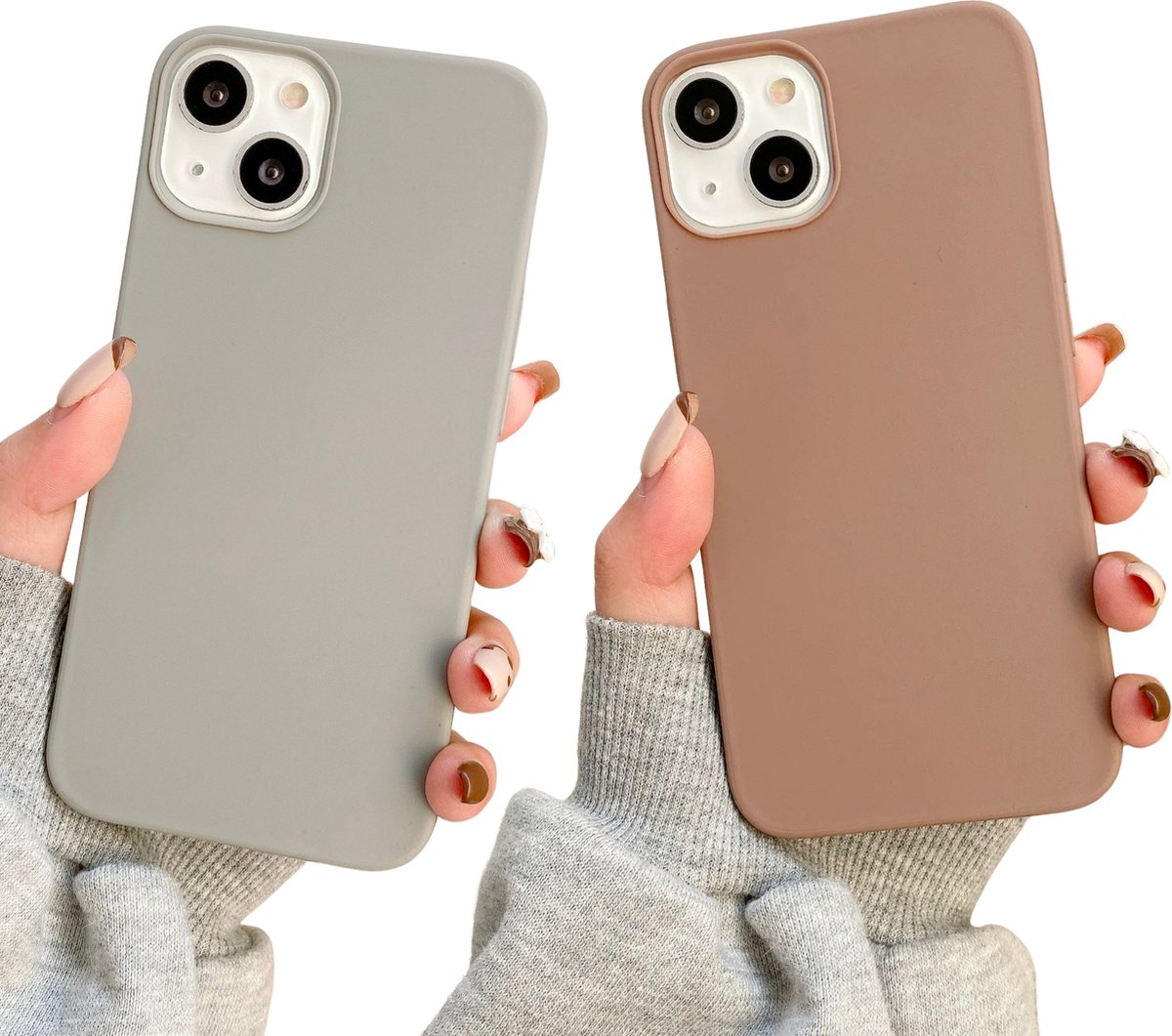 Set van 2 - Apple iPhone 14 Soft Touch Hoesje - Bruin en Grijs - Stevig Shockproof TPU Materiaal - Zachte Coating - Siliconen Feel Case - Back Cover