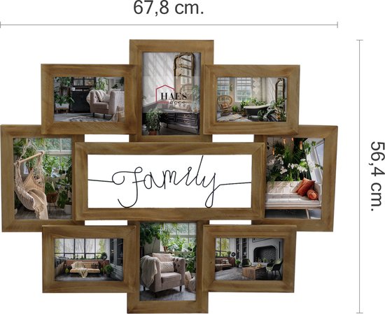 Houten fotolijst met het woord 'Family' in het midden. Afmetingen 67,8 x 56,4 cm. Bevat 8 fotoplaatsen.