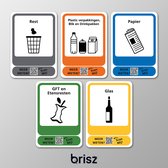 Brisz afvalstickers met afbeelding set van 5 afval stickers - Scan QR code, leer en weet meer per afvalstroom | Afval scheiden | Recycling stickers | Restafval | Papier | PMD | GFT | Glas