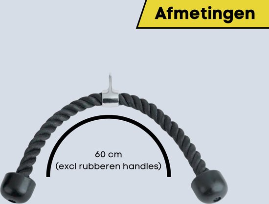 Afmetingen van de zwarte tricep rope: 60 cm exclusief de rubberen handvatten.