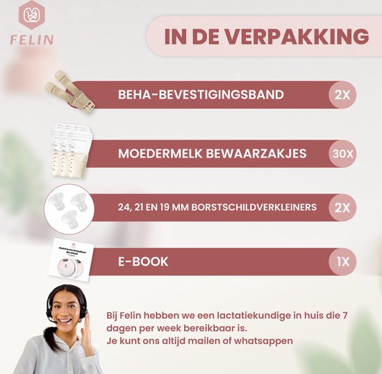 Felin Handsfree Borstkolf - Dubbele Draadloze Elektrische Borstkolf - Inclusief 30 Moedermelk Bewaarzakjes, 3 Maten Borstschildverkleiners & E-Book