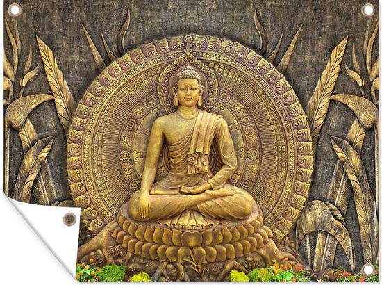 Tuin decoratie Goud - Boeddha beeld - Spiritueel - Meditatie - 40x30 cm - Tuindoek - Buitenposter