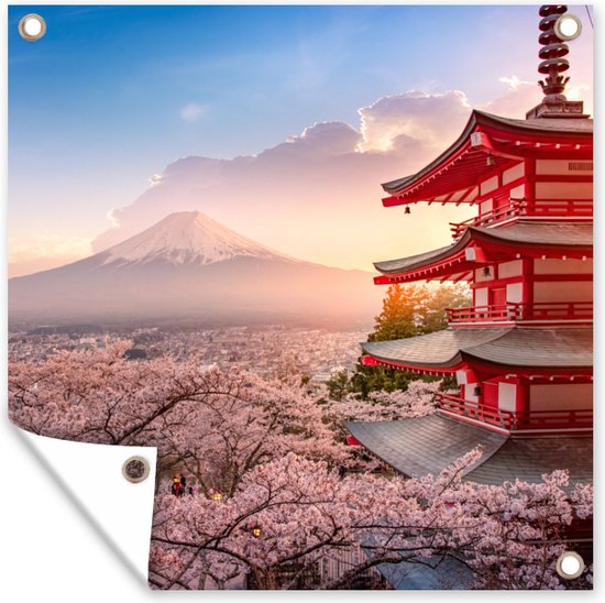 Poster Cerisiers En Fleurs Au Printemps, Pagode Chureito Et Montagne Fuji Au Coucher Du Soleil Au Japon – Tableau