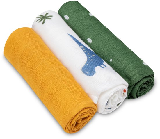 Drie hydrofiele doeken: mosterdgeel, wit met blauwe dino, en groen met witte stippen.