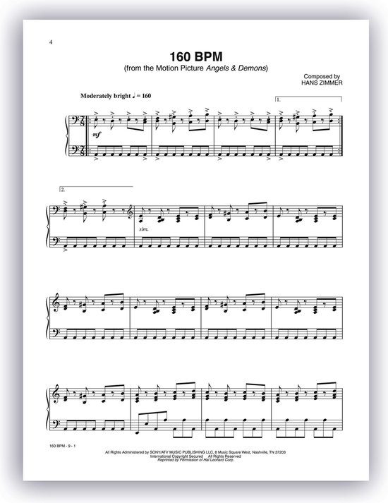 Muziekbladmuziek met notenbalken voor piano, met "160 BPM" als titel.
