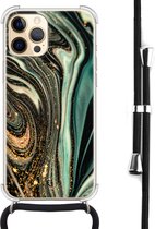 Hoesje met koord geschikt voor iPhone 12 Pro Max - Magic marble - Inclusief zwart koord - Crossbody beschermhoes - Transparant, Groen - Mooie Telefoonhoesjes