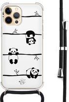 Hoesje met koord geschikt voor iPhone 12 Pro Max - Panda - Inclusief zwart koord - Crossbody beschermhoes - Transparant, Wit - Mooie Telefoonhoesjes