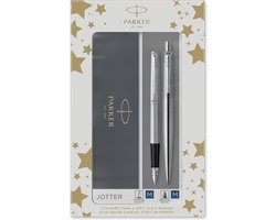 Parker Jotter duo geschenkset met balpen en vulpen | roestvrij staal met chromen afwerking | inktnavulling en inktpatronen met blauwe inkt | geschenkverpakking