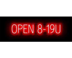 OPEN 8-19U - Lichtreclame Neon LED bord verlicht | SpellBrite | 85,31 x 16 cm | 6 Dimstanden & 8 Lichtanimaties | Reclamebord neon verlichting