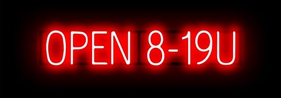 OPEN 8-19U - Reclamebord Neon LED bord verlichting - SpellBrite - 85,2 x 16 cm rood - 6 Dimstanden - 8 Lichtanimaties - Openingstijden