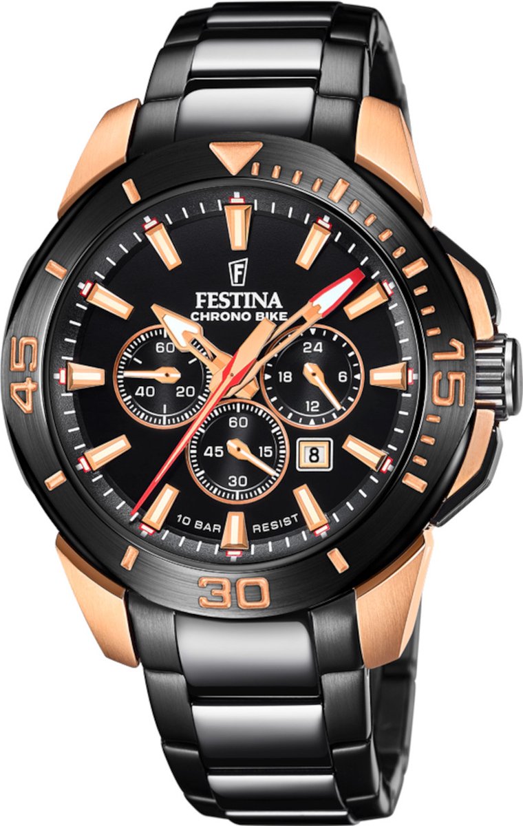 Festina F20645-1 Heren Horloge - Chronograaf - Mineraalglas - Roestvrijstaal-Staal - Rosé goudkleurig - Ø 47 mm - Quartz - Vouw-Vlindersluiting