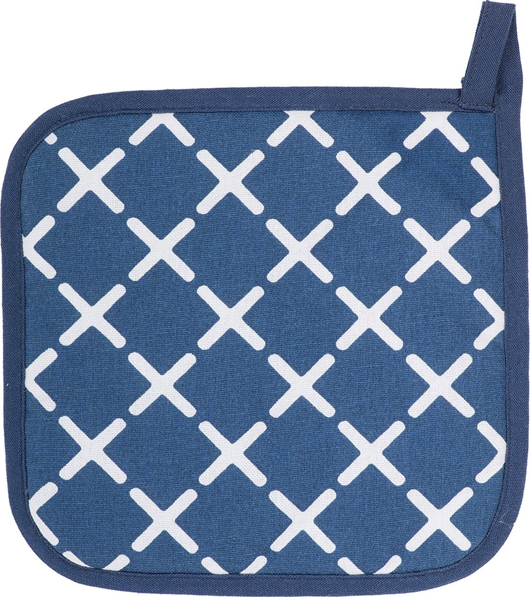 Pannenlap geo cross 20x20 met haak, blauw set2