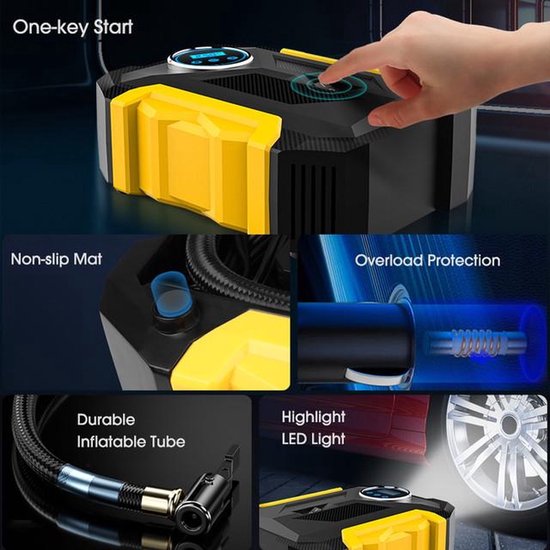 Syncwire Draagbare luchtcompressor, 10,35 bar, 3 x snelle elektrische luchtpomp voor banden, auto-inflator voor auto, motorfiets, fiets en ballen, met ventieldoppen voor banden, groot lcd-scherm