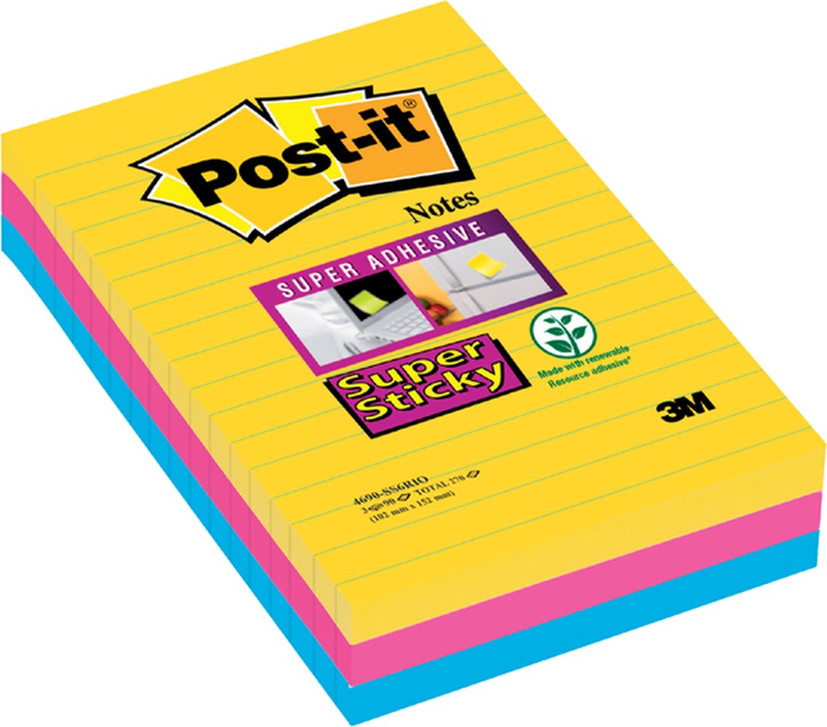 Post-it Super Sticky notes Rio - 76X76mm - 90 vel - 6 blokjes