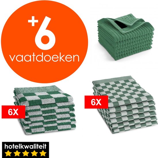 Zavelo 6x Theedoeken en 6x Keukendoeken Set + 6x VAATDOEKJES - Horeca Kwaliteit - 60 Graden Wasbaar - Groen