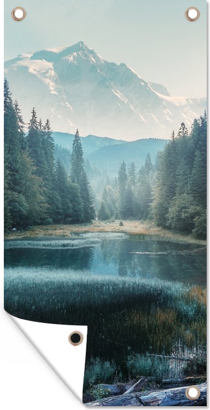 Schuttingposter Bos - Gras - Bergen - Bomen - Natuur - 100x200 cm - Tuindoek