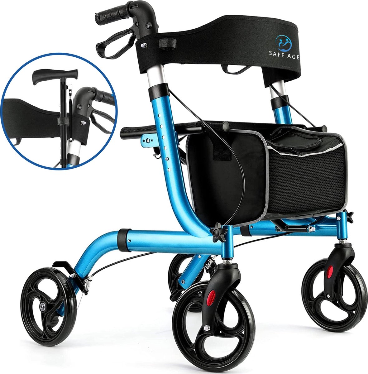 Safe Age® Rollator - lichtgewicht en opvouwbaar - zitfunctie - voor binnen en buiten - Rugleuning en wandelstok houder