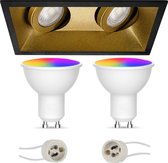 LED Spot Set GU10 - Facto - Smart LED - Wifi LED - Slimme LED - 5W - RGB+CCT - Aanpasbare Kleur - Dimbaar - Afstandsbediening - Pragmi Zano Pro - Inbouw Rechthoek Dubbel - Mat Zwart/Goud - Kantelbaar - 185x93mm