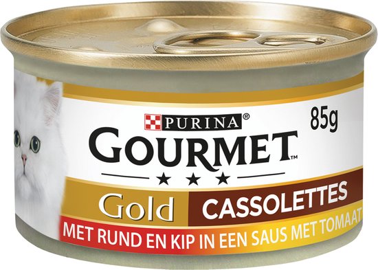 Gourmet Gold Cassolettes – Kattenvoer Natvoer – Rund En Kip In Een Saus Van Tomaat – 24 X 85 Gr