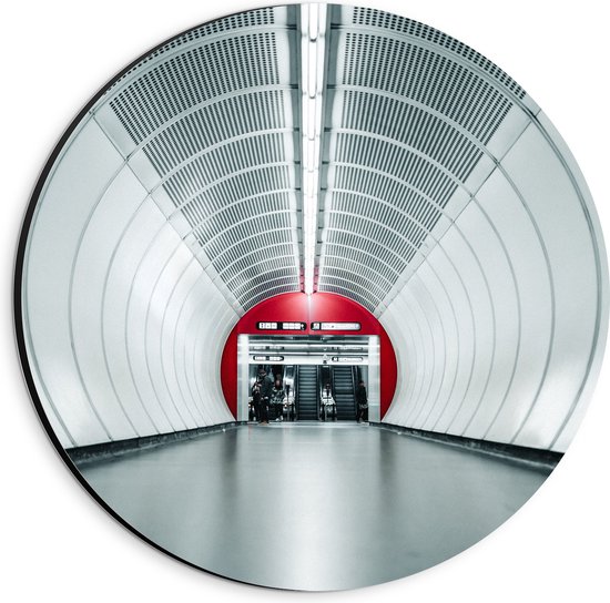 WallClassics - Dibond Muurcirkel - Ondergrondse roltrappen - Wenen - 20x20 cm Foto op Aluminium Muurcirkel (met ophangsysteem)