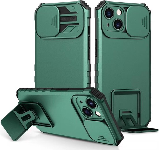 Premium Kwaliteit Anti Shock Hoesje - Back Cover - Camerawindow met Stand Functie - Geschikt voor iPhone 13 - Donker Groen