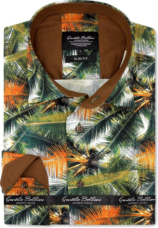 Heren Overhemd - Slim Fit - Tropical Print - Groen - Maat M