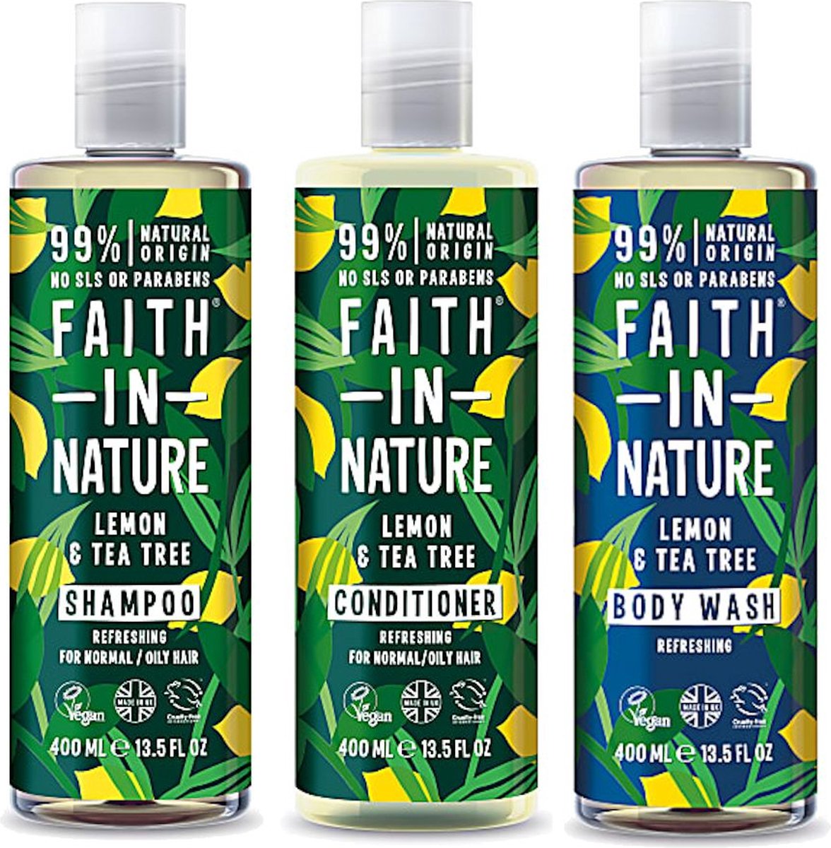 Faith in Nature - Lemon & Tea Tree Shampoo, Conditioner en Body wash (antiroos) - 400ml - 3 Pak - Voordeelverpakking