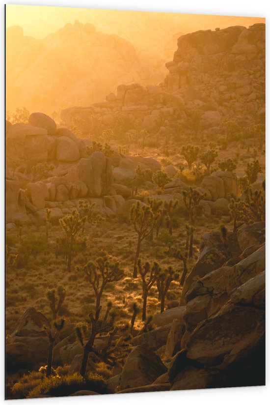 WallClassics - Dibond - Oranje Rook boven Berglandschap - 100x150 cm Foto op Aluminium (Wanddecoratie van metaal)