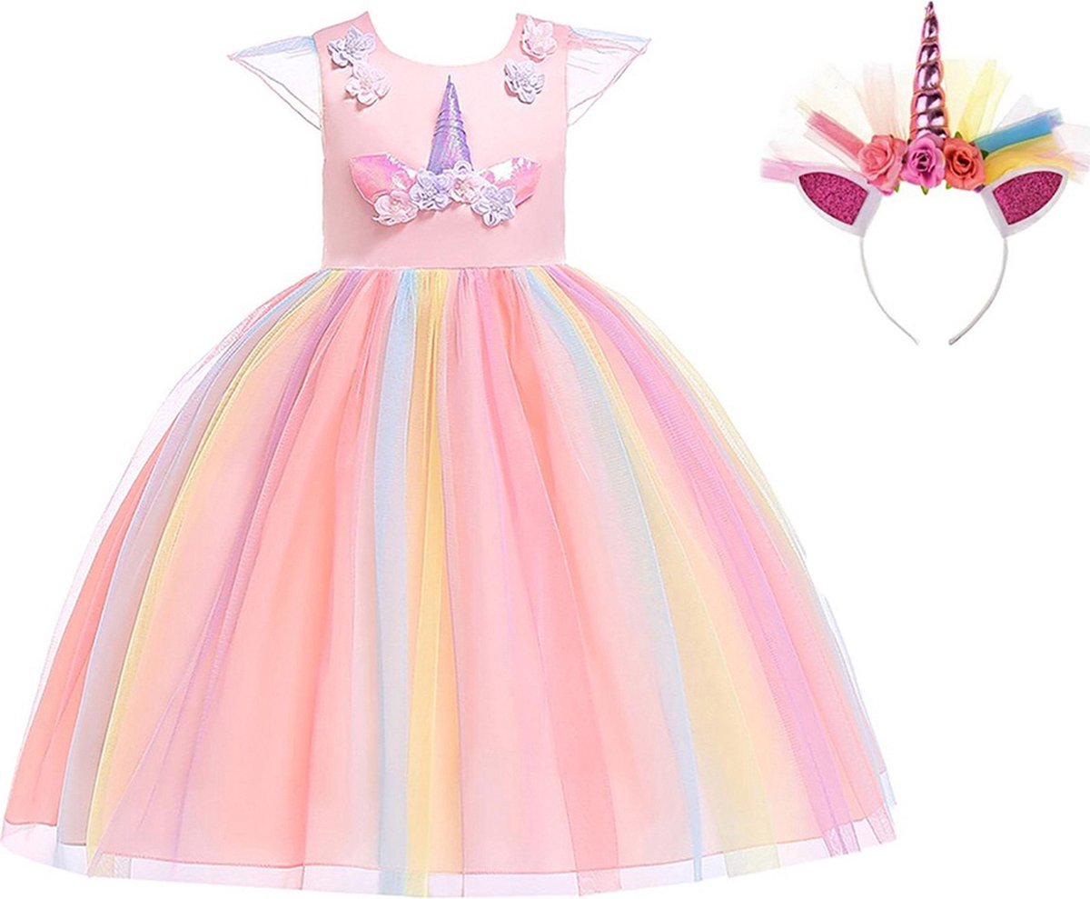 Het Betere Merk Unicorn jurk - Prinsessenjurk meisje - verkleedkleren meisje - maat 98/104 - Eenhoorn - haarband - roze