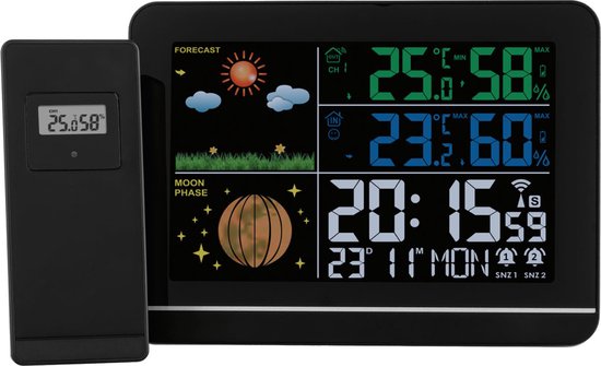Thermomètre extérieur intérieur sans fil avec horloge Station  météorologique numérique sans fil avec capteur extérieur, noir