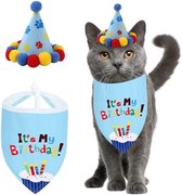 Poezen verjaardagset 2-delig It's my Birthday blauw met feestmuts en bandana - poes -kat - verjaardag - poezen - bandana