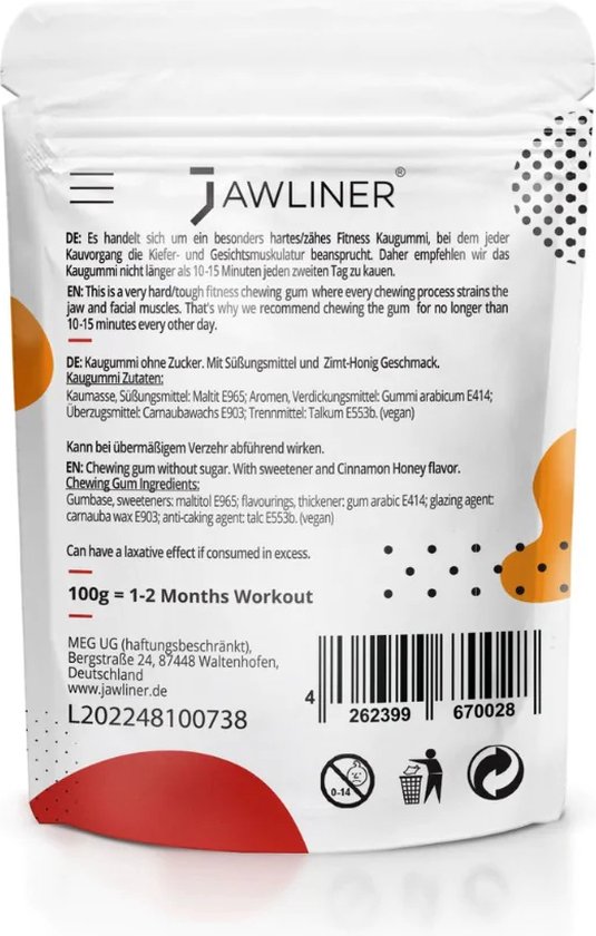 Jawliner Fitness Chewing Gum Cannelle Miel - Entraîneur de Mâchoire pour  Exercices