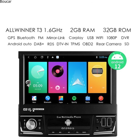 1Din Autoradio - Android 10 -2g/24 gb - 7' klapscherm USB, Aux,... | bol.com