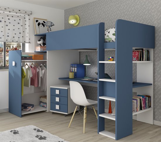 Yolo Multifunctionele Halfhoogslaper Blauw met Bureau en Kast